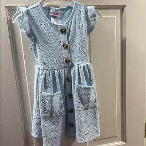 Little Lass Pale Blue Eyelet Button-Front Dress with Pockets
